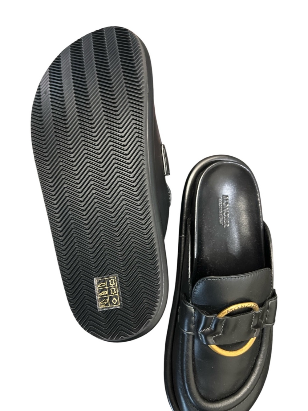 Moncler Bell Mule Black Leather Slip-On Mules with Gold Ring Accent - Picture 3 of 7
